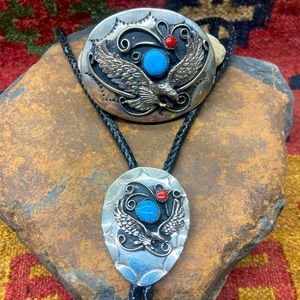 Bolo & Buckle Silver/Turquoise/Coral Set.